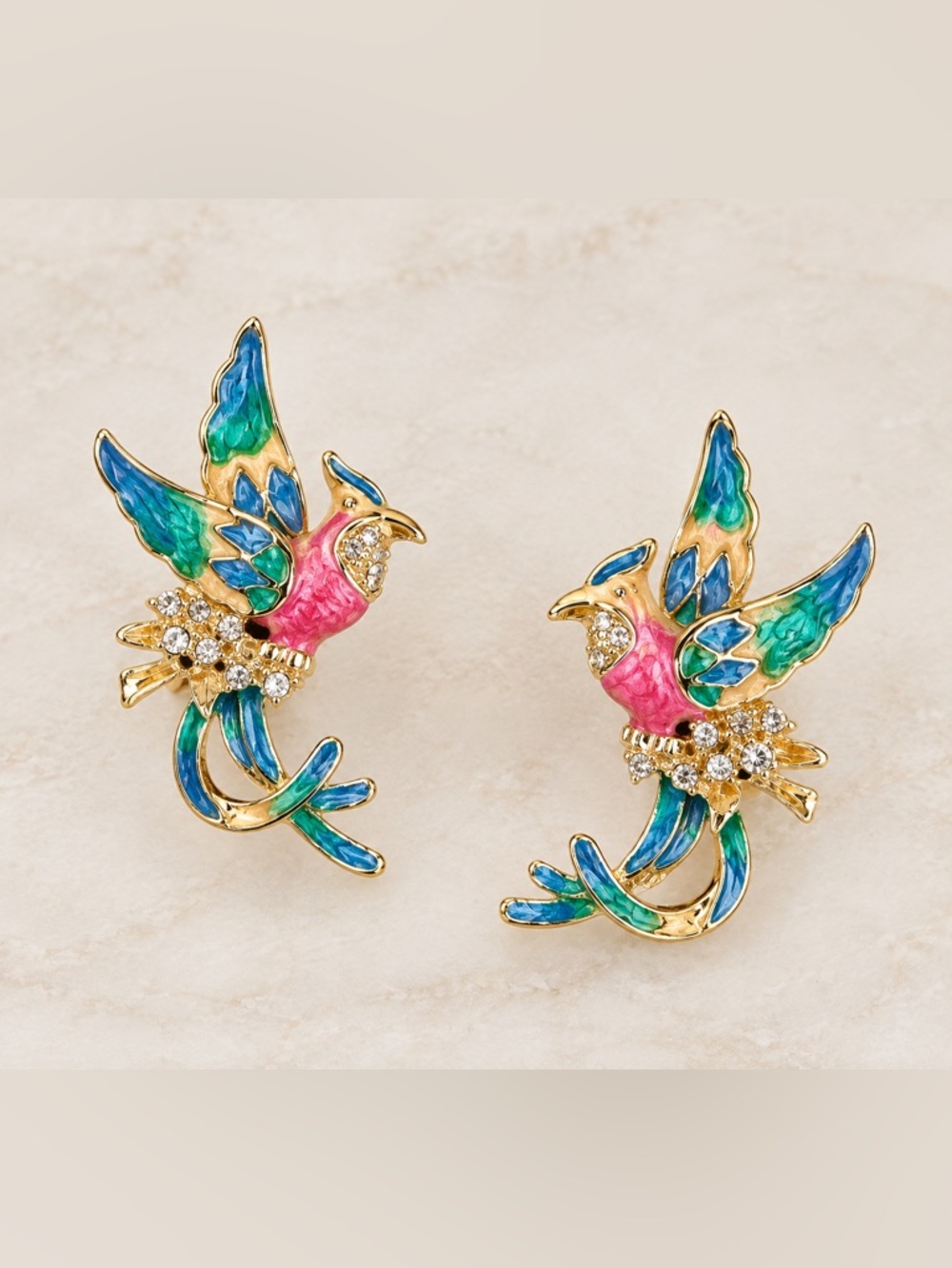 Vintage Gold-Tone Multicolor Enamel Bird Stud Earrings - Pink, Blue & Green